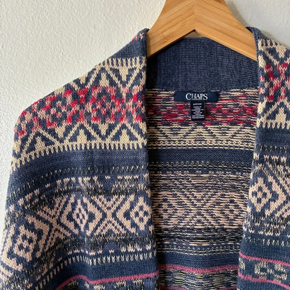 Chaps Womens Small Fair Isle Open Front Cardigan Sweater Blue Cotton Blend - Picture 1 of 11